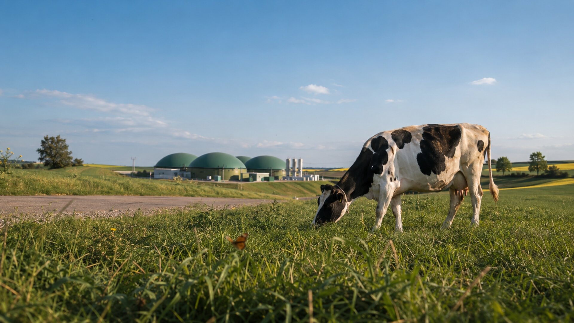 Krowa na pastwisku i biogazownia rolnicza o zachodzie słońca